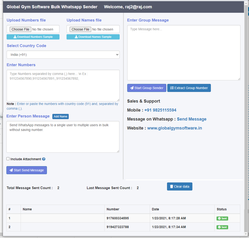 free global gym software bulk whatsapp sender